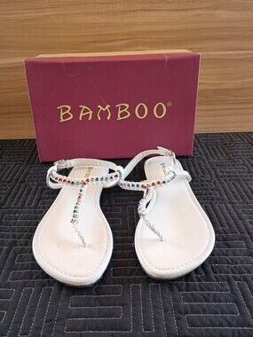 Bamboo White T-Strap Gemstone Sandals Size 7.5 Women